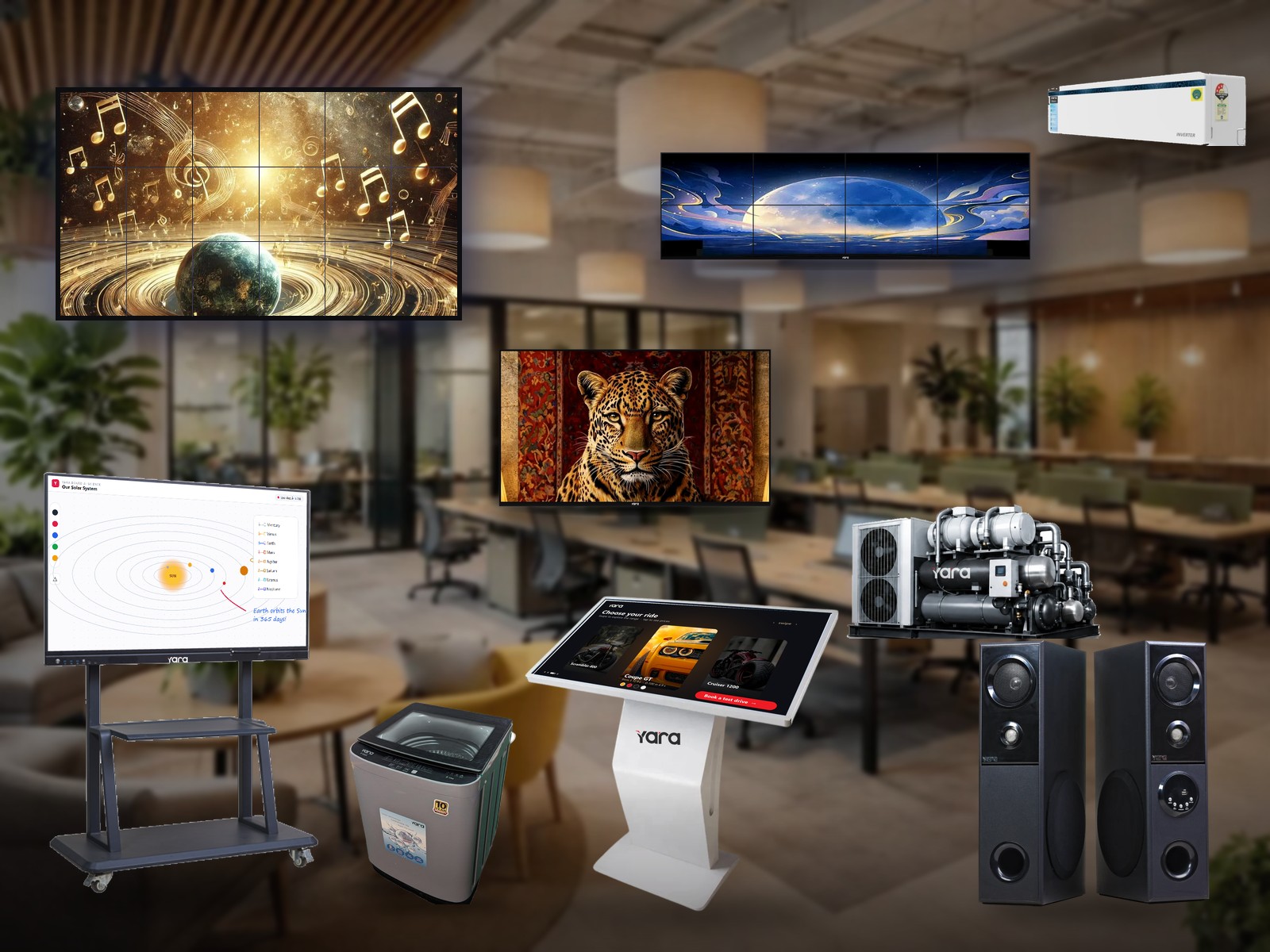 The Yara range together: LED and LCD video walls, 100 inch Centum TV, air conditioner, interactive panel, chiller, stand alone kiosk, washing machine and tower speakers