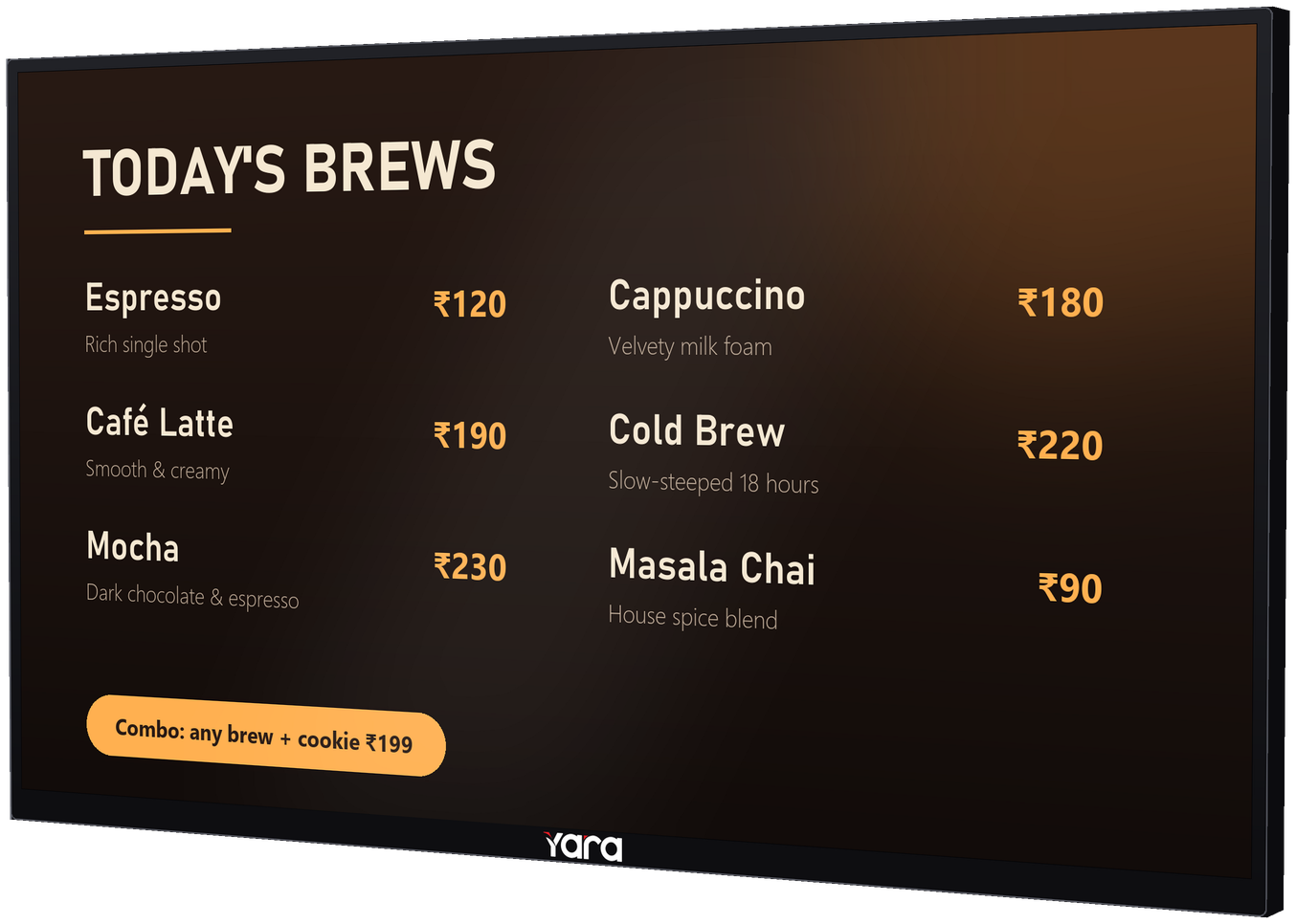 Yara Commercial Display showing menu content