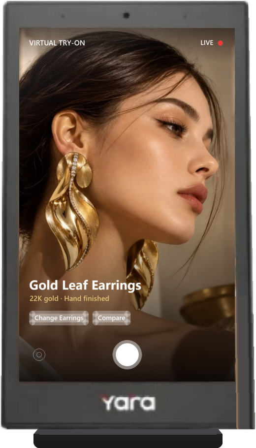 Gold Leaf Earrings virtual try-on on the Yara Table Top Standee